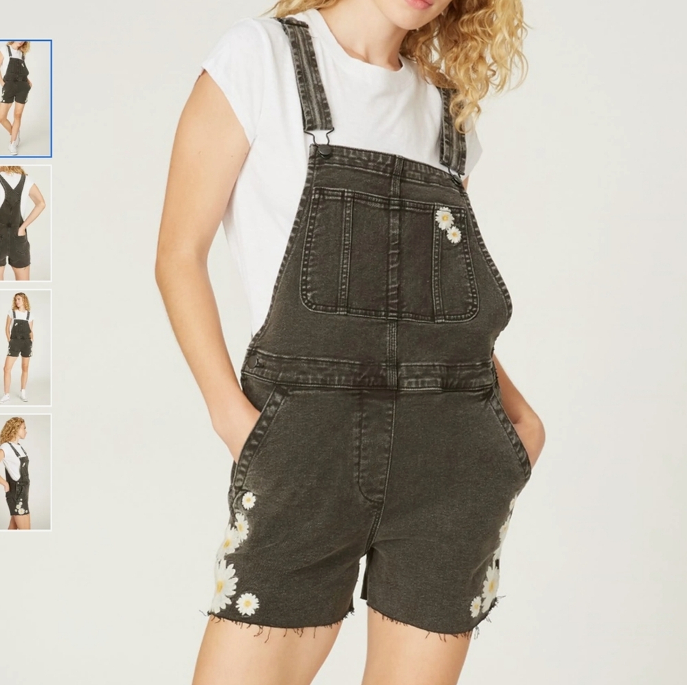 Black Denim Overalls with Daisy Embroidery